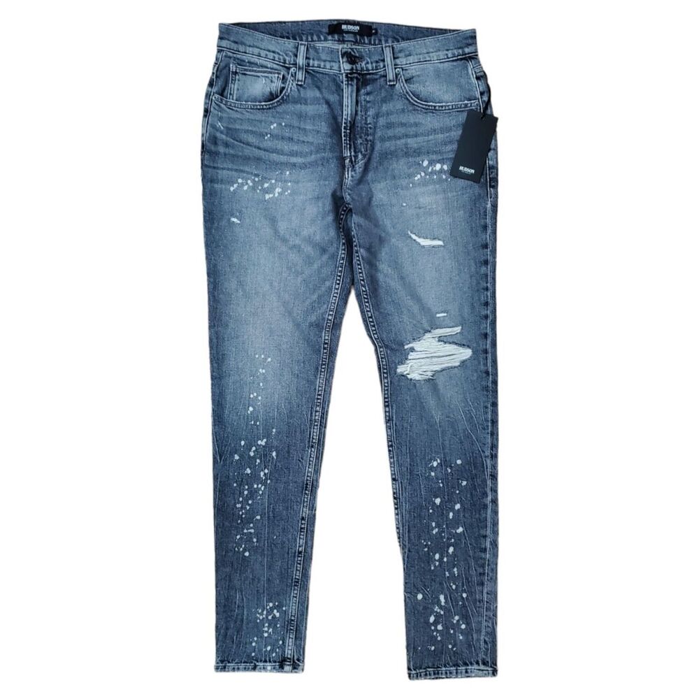 HUDSON Jeans Mens 31 Black ZACK SKINNY Straight Paint Splatter Distressed Casual